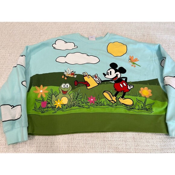 Disney Parks Mickey & Spike Garden Cropped Sweatshirt Retro Flowers Sz L *TG7 - Picture 1 of 13